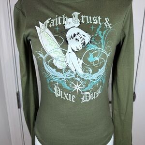 Disney Tinker Bell Faith Trust Pixie Dust Rhinestone Top Olive XS Y2K Fairycore